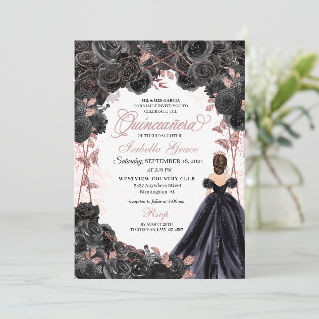 Elegant Black och Ro Guld Blommigt Quinceanera Inv Inbjudningar (Stående Fram)