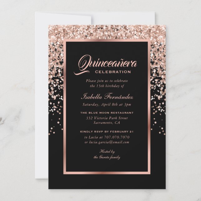 Elegant Black och Ro Guld Confetti Quinceañera Inbjudningar (Framsida)