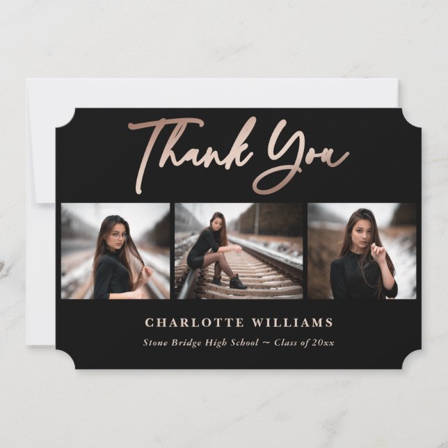Elegant Black och Ro Guld Photo Studenten Tack Kort (Framsida)