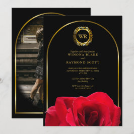 Elegant Black och Röd ros Guld Laurel Initialer Inbjudningar