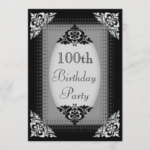 Elegant Black och Silver 100:e födelsedagen Inbjudningar