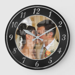 Elegant Black och Silver Bröllop Photo Clock Stor Klocka