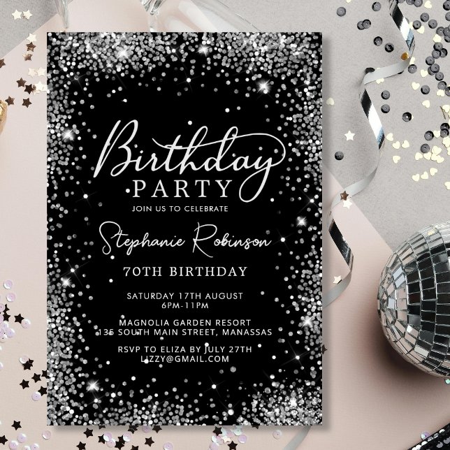 Elegant Black och Silver Glitter 70:e födelsedag Inbjudningar (Skapare uppladdad)