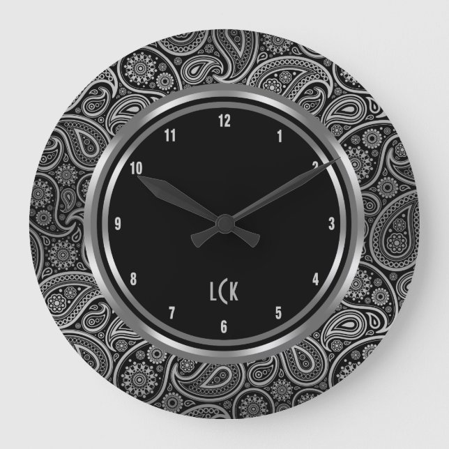 Elegant Black och Silver Paisley Circle Ram Stor Klocka (Framsida)