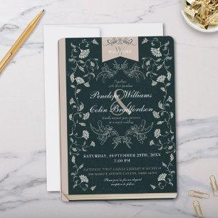 Elegant Black och Tan Blommigt Bok Cover Bröllop Inbjudningar