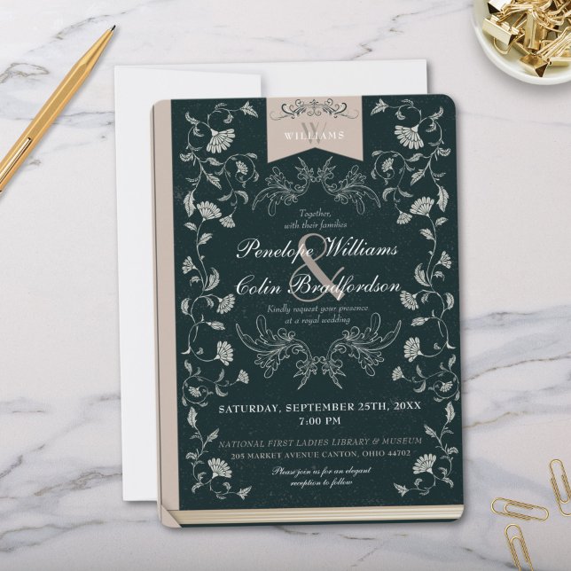 Elegant Black och Tan Blommigt Bok Cover Bröllop Inbjudningar (Elegant Black and Tan Vintage Floral Book Cover Wedding Invitations for Library or Formal Fairytale)