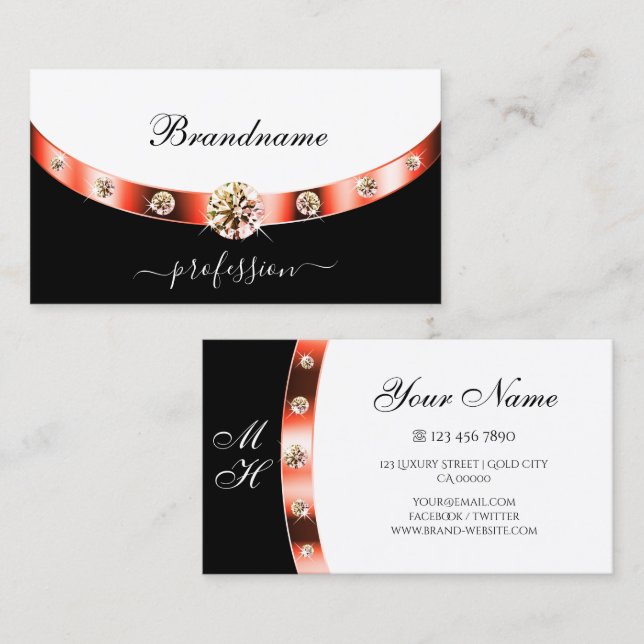 Elegant Black och Vit ros Guld med Monogram Visitkort (Fram/baksida)