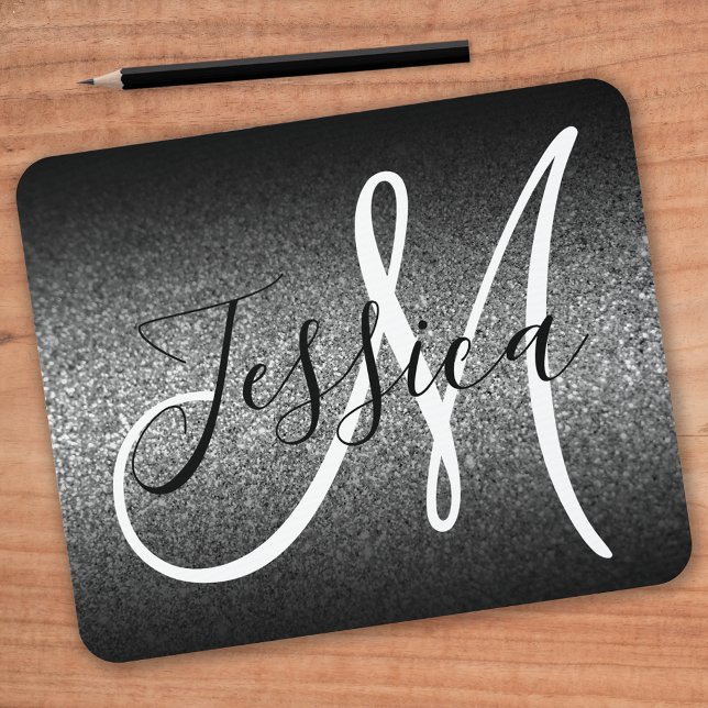 Elegant Black Ombre Silver Faux Glitter Monogram Musmatta (Skapare uppladdad)