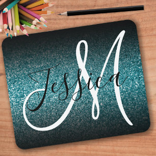 Elegant Black Ombre Teal Glitter Monogram Musmatta
