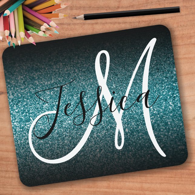 Elegant Black Ombre Teal Glitter Monogram Musmatta (Skapare uppladdad)