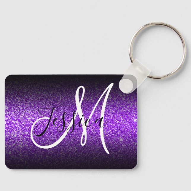 Elegant Black Ombre Violet Faux Glitter Monogram Nyckelring (Framsida)