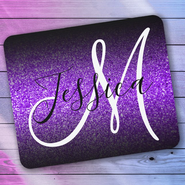 Elegant Black Ombre Violet Glitter Monogram Musmatta (Skapare uppladdad)