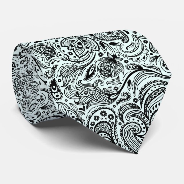 Elegant Black On Light Blue Blommigt Paisley Mönst Slips (Rullad)