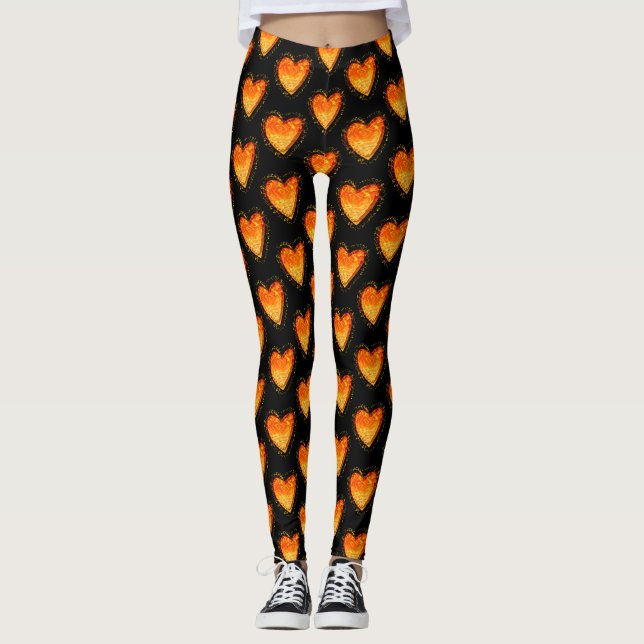 Elegant Black Orange Heart Valentiness mönster Leggings (Framsida)