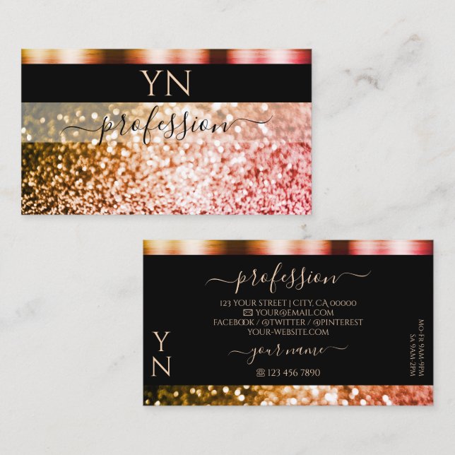 Elegant Black Orange Rosa Gnistra Glitter Monogram Visitkort (Fram/baksida)