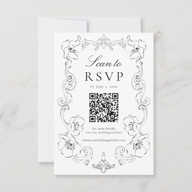 Elegant Black Ornate Floral QR Code Wedding OSA Kort (Framsida)