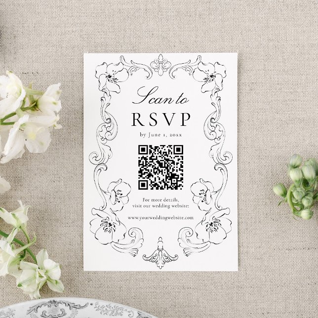 Elegant Black Ornate Floral QR Code Wedding OSA Kort (Skapare uppladdad)