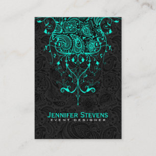 Elegant Black Paisley & Teal-Grönt Blommigt Snöre Visitkort