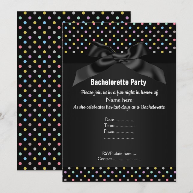 ELEGANT BLACK Pastel SPOT BACHELORETTE Inbjudningar (Fram/baksida)