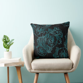 Elegant Black Peonies Pillow Teal Blommigt Kudde