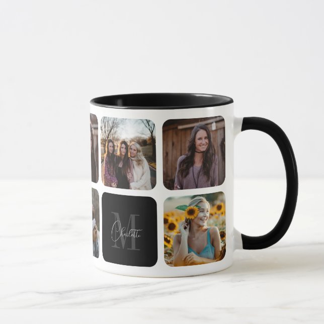 Elegant Black Photo Namn Collage Monogram Mugg (Höger)