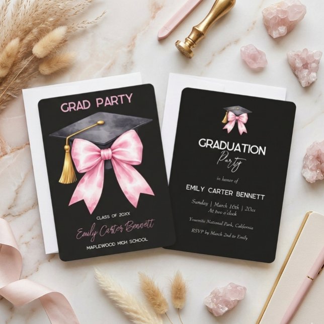 Elegant Black Pink Coquette Bow Graduation Inbjudningar (Skapare uppladdad)
