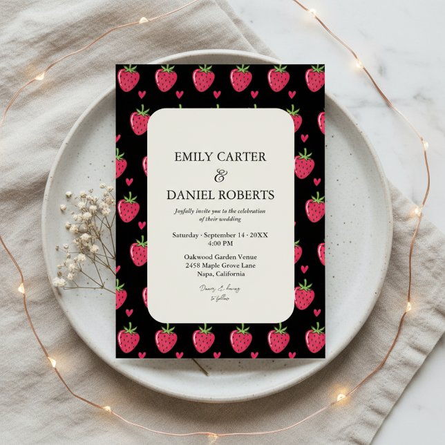 Elegant Black & Pink Strawberry Wedding Invitation Inbjudningar (Skapare uppladdad)