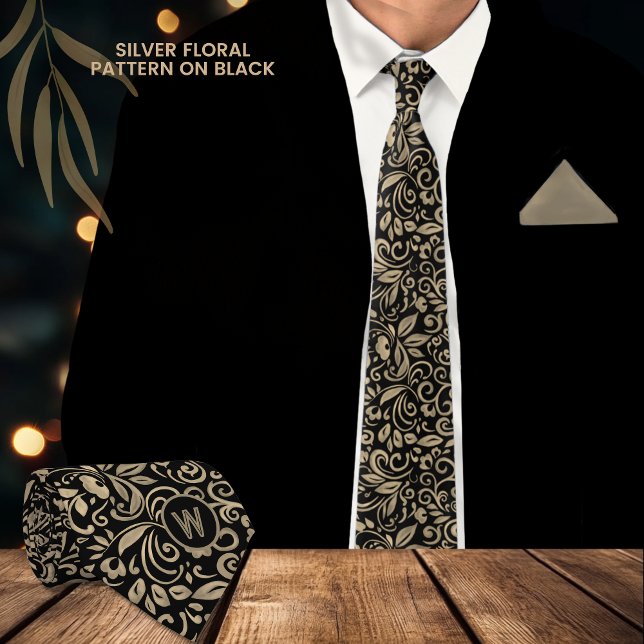 Elegant Black Platinum Guld Blommigt Monogram Slips (Elegant Black Silver Floral Monogram Neck Tie)