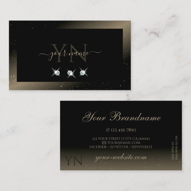 Elegant Black Platinum Sparkling Diamonds Monogram Visitkort (Fram/baksida)