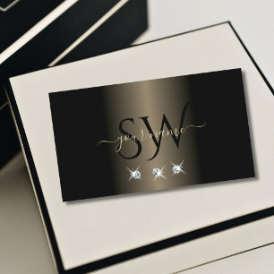 Elegant Black Platinum Sparkling Diamonds Monogram Visitkort