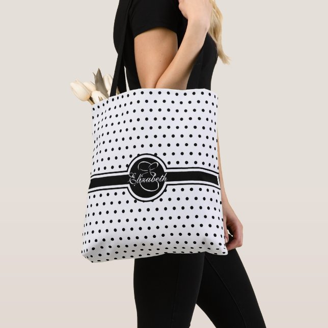 Elegant Black Polka dots på vitt Monogram Tygkasse (Närbild)