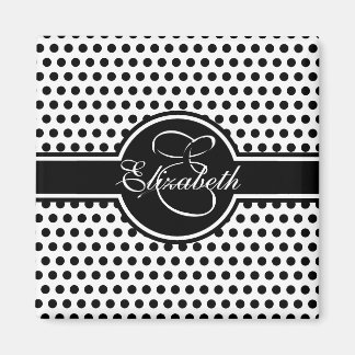 Elegant Black Polka dots på White Monogram Magnet