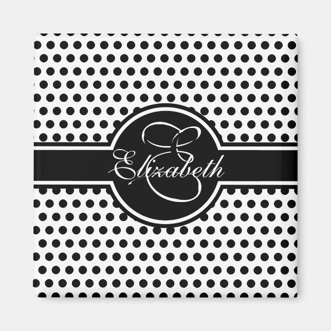 Elegant Black Polka dots på White Monogram Magnet (Framsidan)