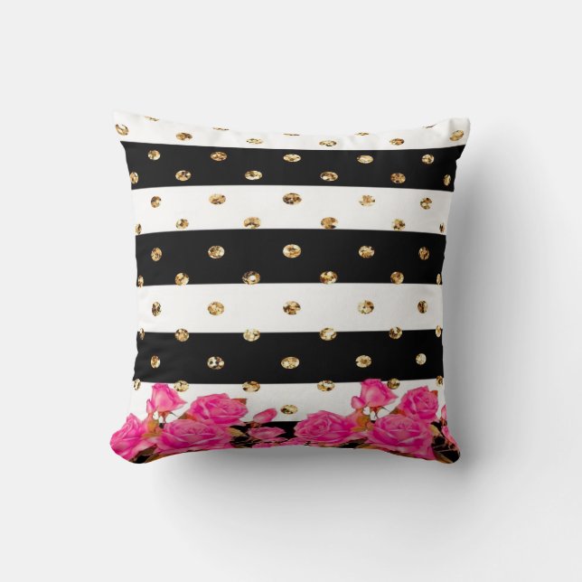 Elegant Black Rand Guld Glitter Dots Rosa ros Kudde (Framsida)