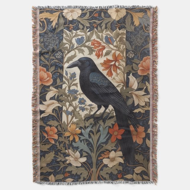 Elegant Black Raven William Morris Inspired Blommi Filt (Framsidan Vertikal)