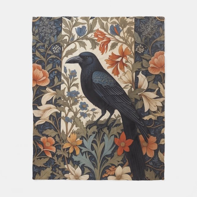 Elegant Black Raven William Morris Inspired Blommi Fleecefilt (Framsidan)
