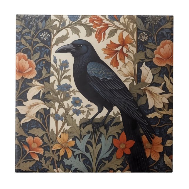 Elegant Black Raven William Morris Inspired Blommi Kakelplatta (Framsidan)