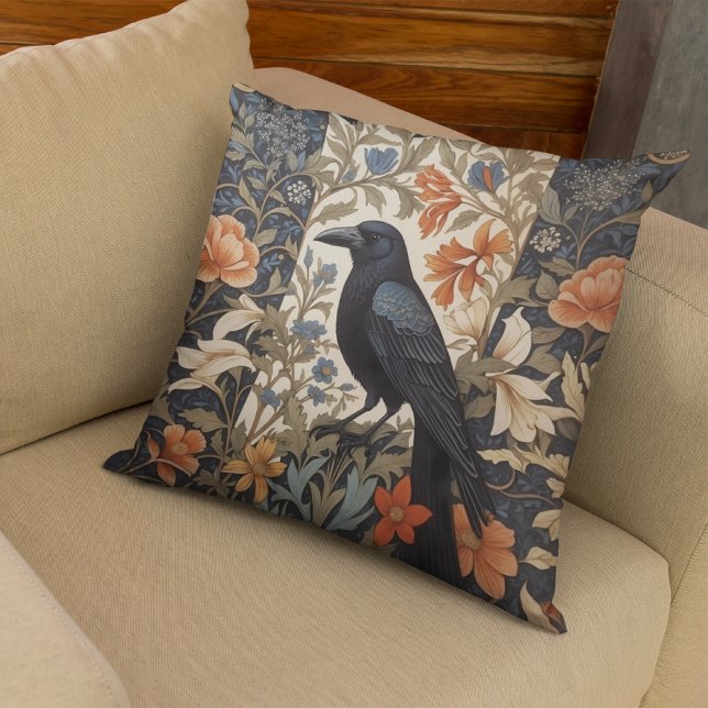 Elegant Black Raven William Morris Inspired Blommi Kudde (Skapare uppladdad)