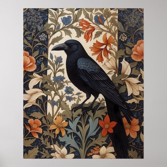Elegant Black Raven William Morris Inspired Blommi Poster (Framsidan)
