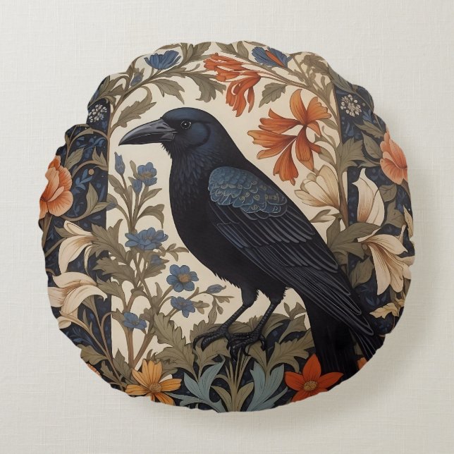 Elegant Black Raven William Morris Inspired Blommi Rund Kudde (Framsidan)
