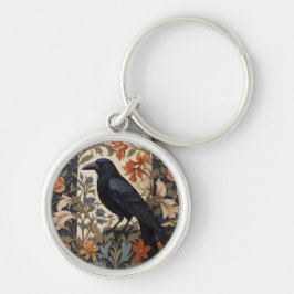 Elegant Black Raven William Morris Inspired Blommi Rund Silverfärgad Nyckelring