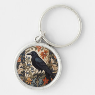 Elegant Black Raven William Morris Inspired Blommi Rund Silverfärgad Nyckelring
