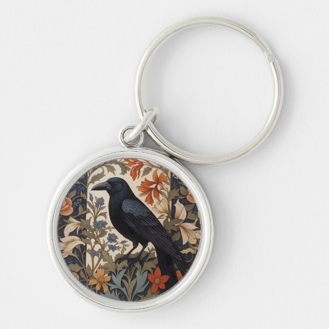 Elegant Black Raven William Morris Inspired Blommi Rund Silverfärgad Nyckelring (Framsidan)