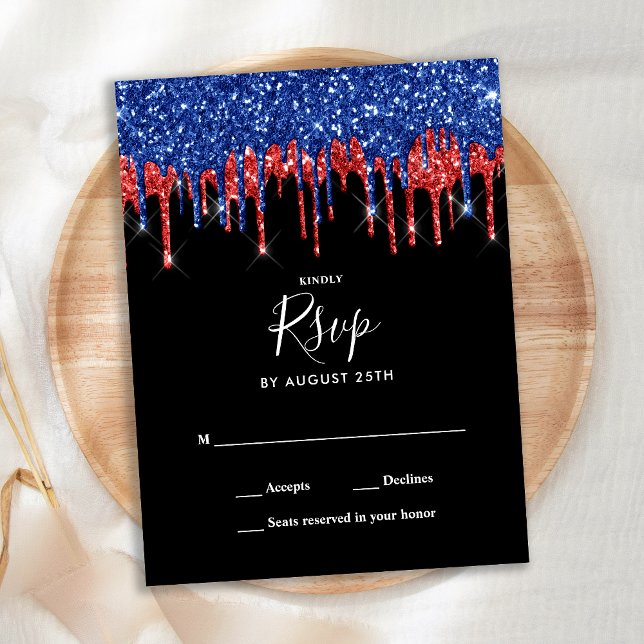 Elegant Black Red Blue Glitter Drives Bröllop Vykort (Skapare uppladdad)
