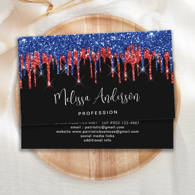 Elegant Black Red Blue Glitter Drives Patriotic Visitkort (Skapare uppladdad)