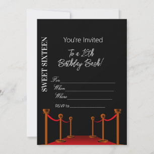 Elegant Black Red Carpet Hollywood 16:e födelsedag Inbjudningar