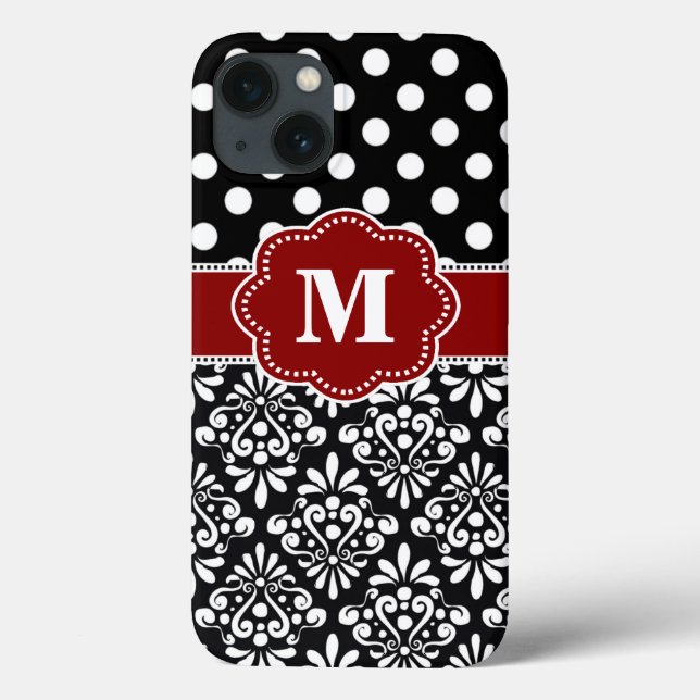Elegant Black Red Dot Damask Monogram Fodral (Baksida)