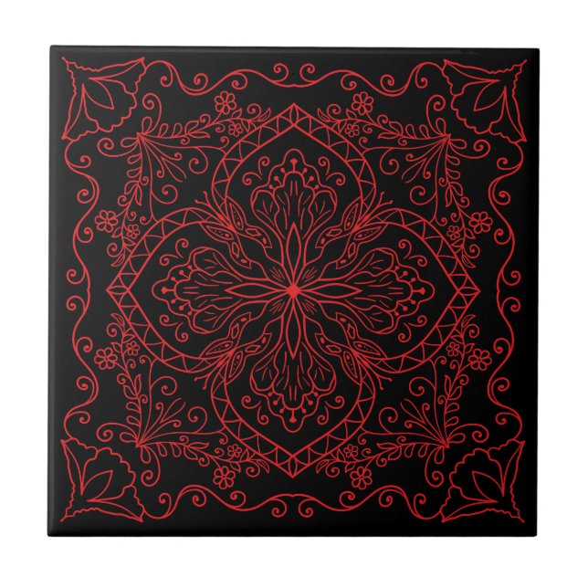 Elegant Black Red Flowers Butterfly Decorative Kakelplatta (Framsidan)