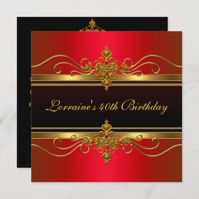 Elegant Black Red Guld Jewel 40:e födelsedagen Inbjudningar (Fram/baksida)