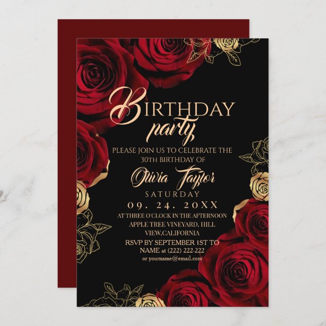 Elegant Black Red Rose Birthday Party Inbjudningar (Fram/baksida)